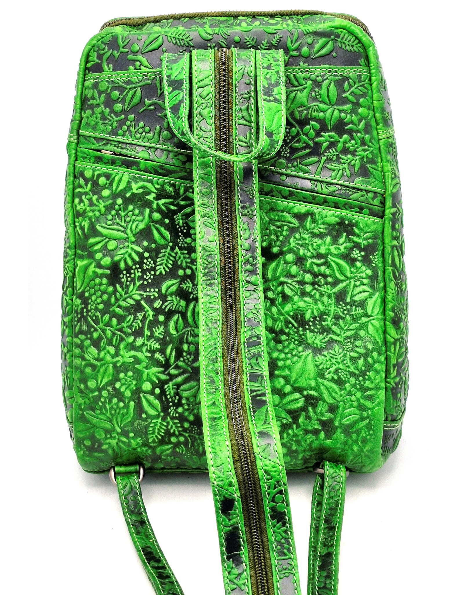 HillBurry Leren rugzakken  Leren shoppers - Hillburry Rugtas met Relief Bloemen groen