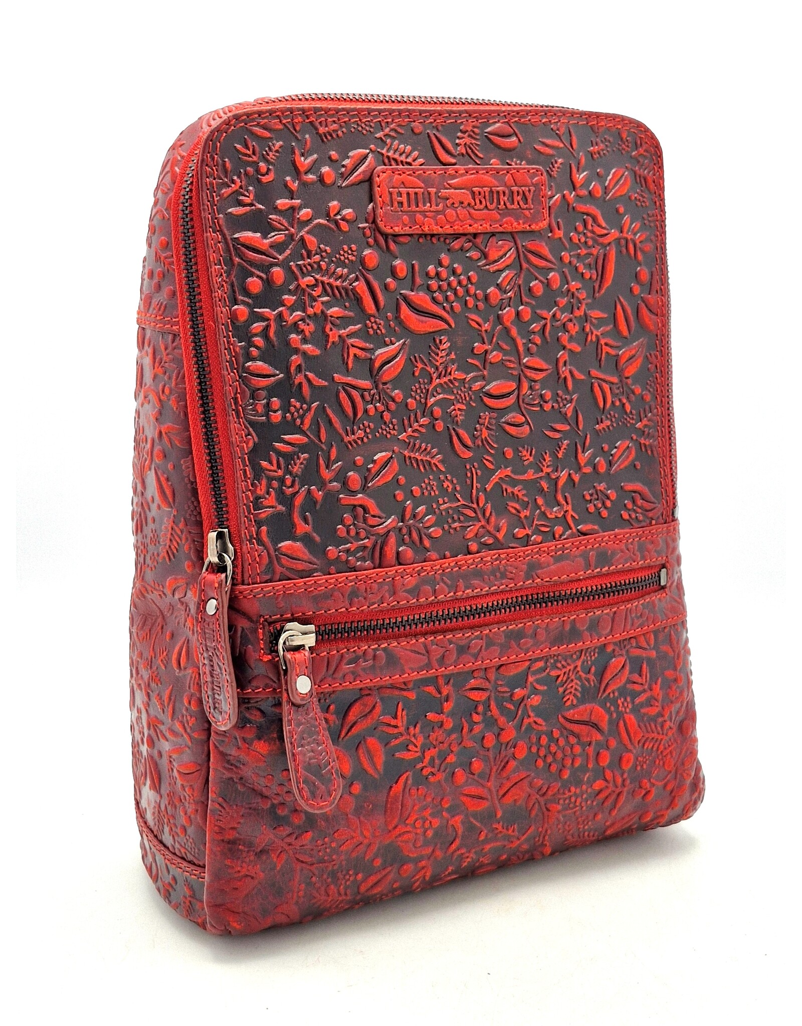 HillBurry Leren rugzakken  Leren shoppers - Hillburry Rugtas met Relief Bloemen rood