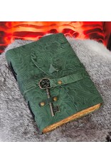 BB Miscellaneous - Groen Leren Dagboek Bloemenrelief en Sleutel Handgemaakt Vintage