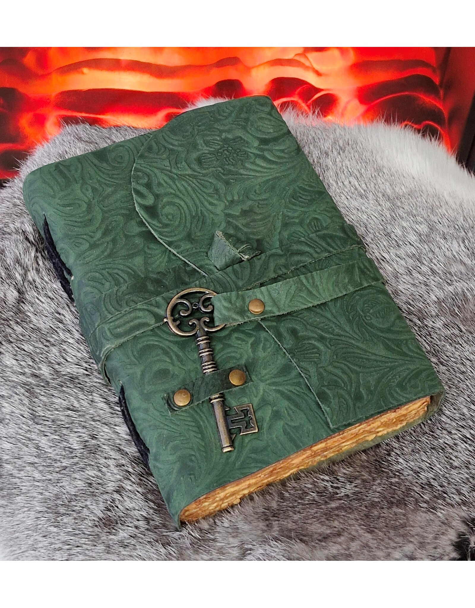 BB Miscellaneous - Green Leather Journal Embossed Flowers & Key Handmade Vintage