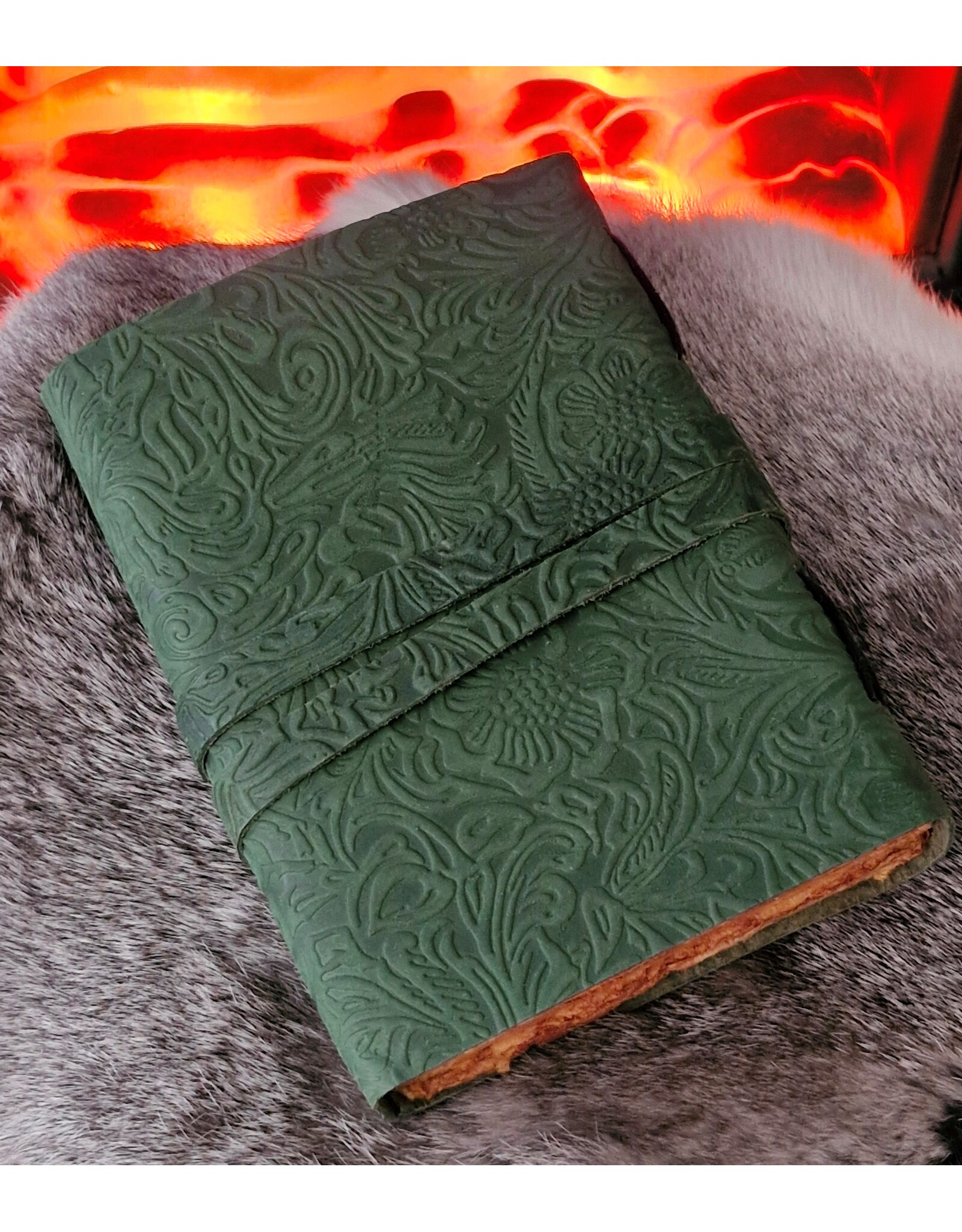 BB Miscellaneous - Green Leather Journal Embossed Flowers & Key Handmade Vintage