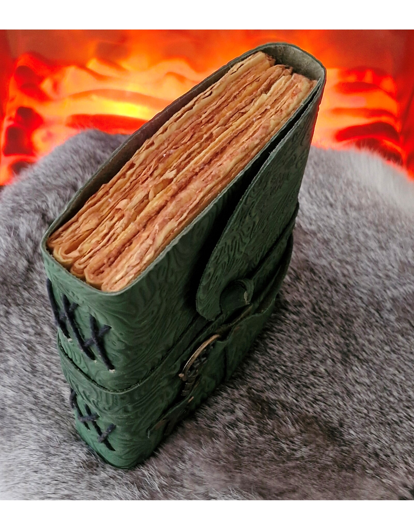 BB Miscellaneous - Green Leather Journal Embossed Flowers & Key Handmade Vintage