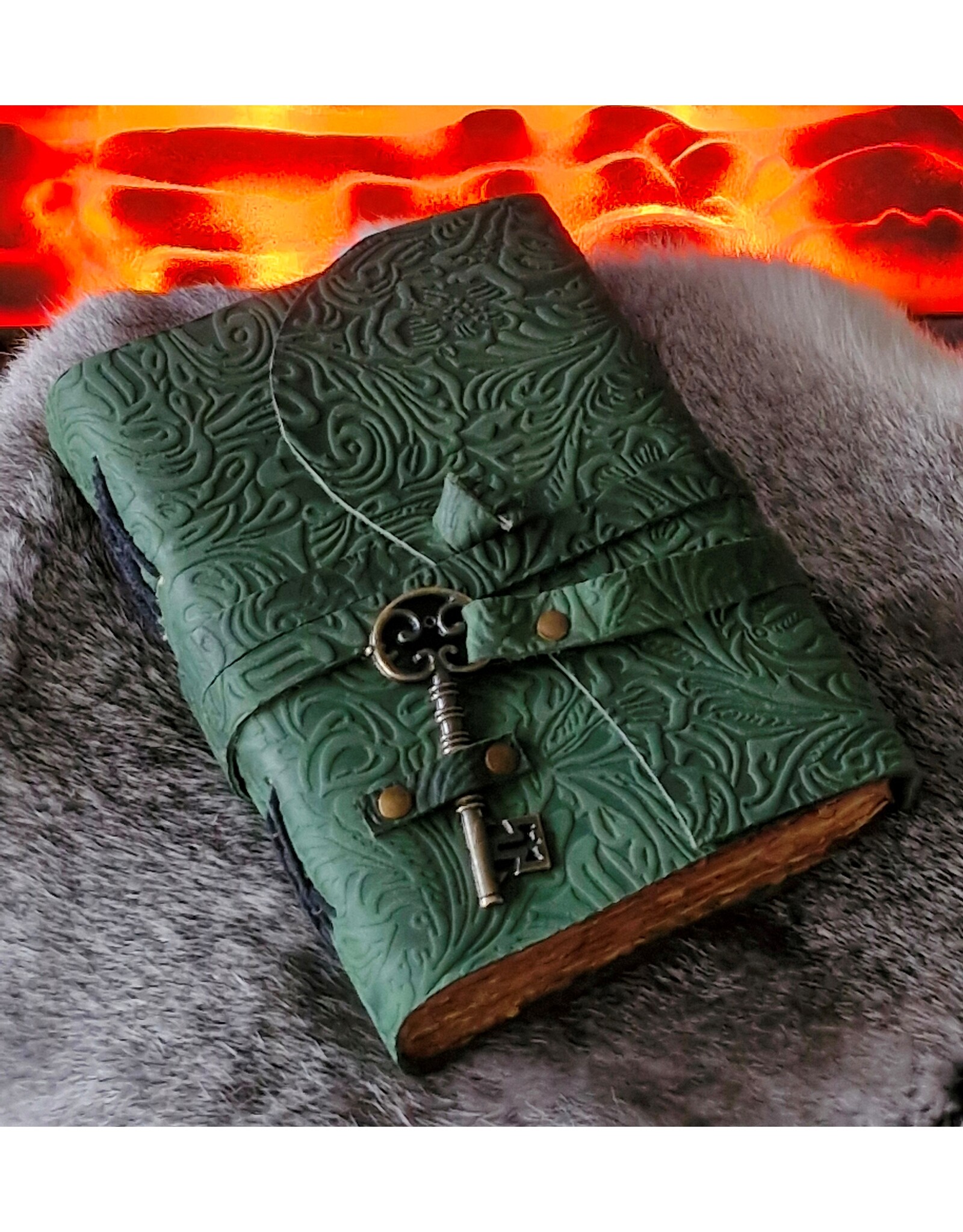 BB Miscellaneous - Green Leather Journal Embossed Flowers & Key Handmade Vintage