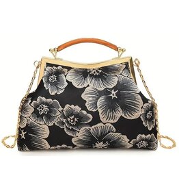 Marina Vintage Stoffen Handtasje Met Relief Bloemen  zwart
