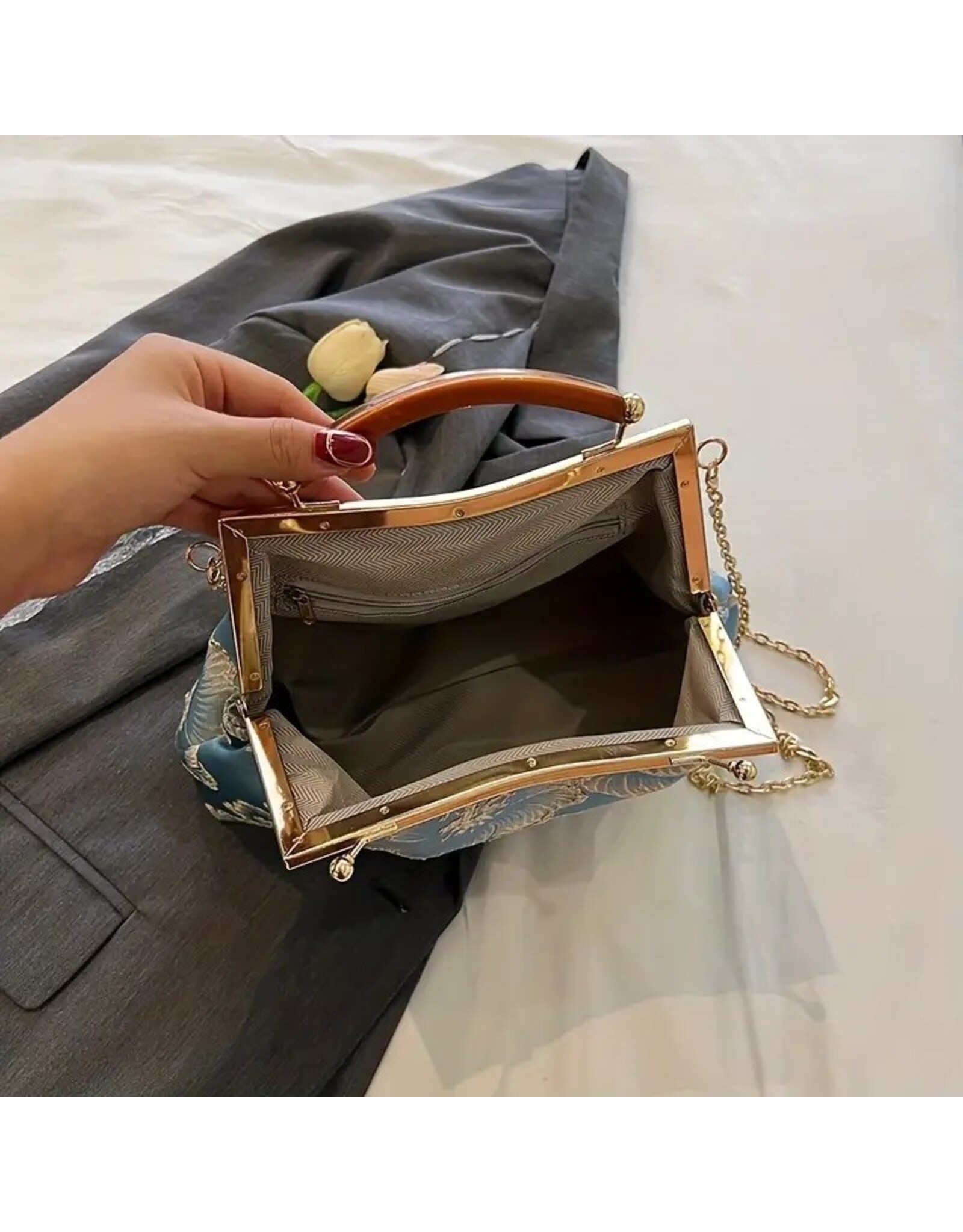 Marina Vintage bags Retro bags - Vintage Fabric Handbag With Embossed Flowers, Blue