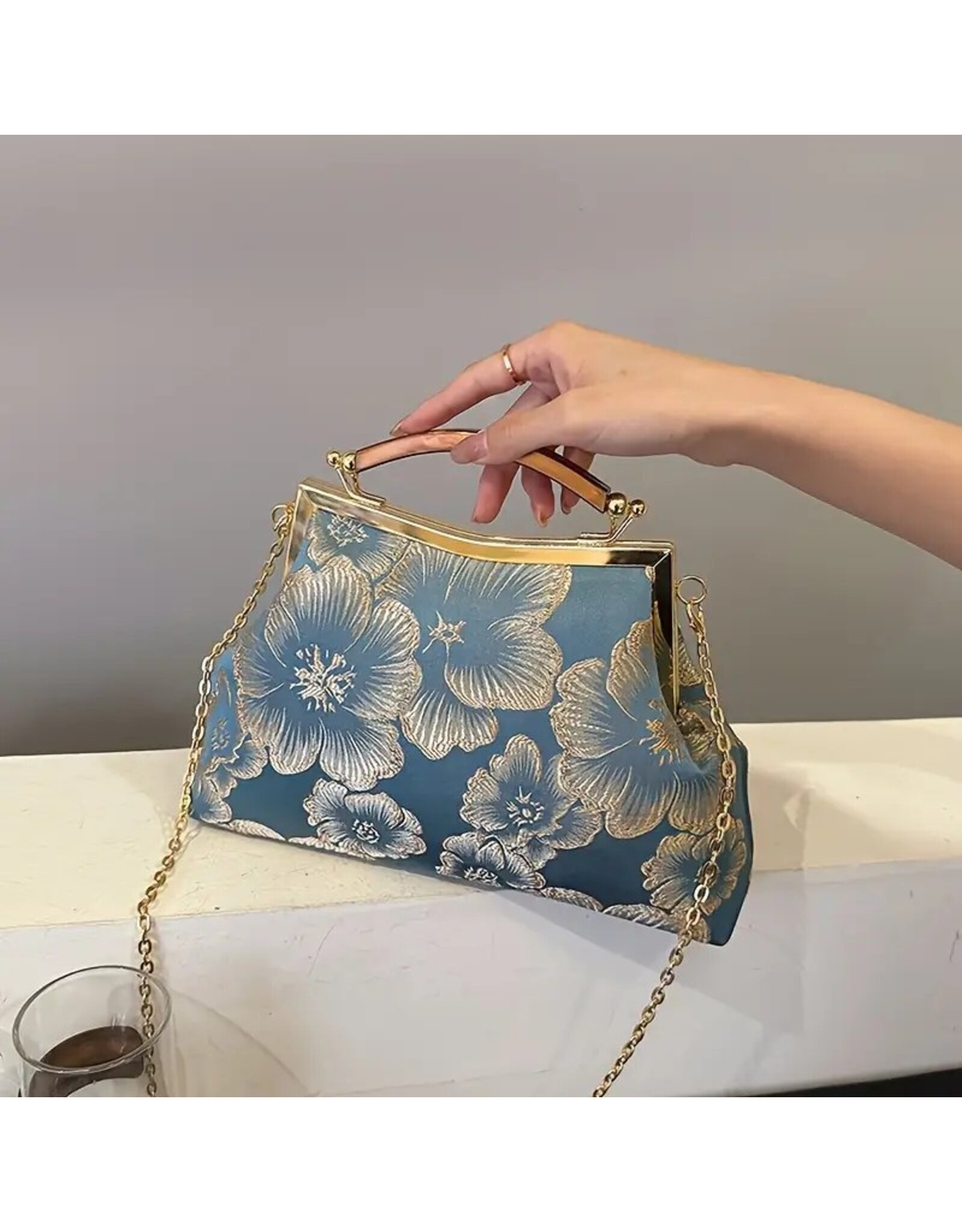 Marina Vintage tassen Retro tassen - Vintage Stoffen Handtasje Met Relief Bloemen blauw