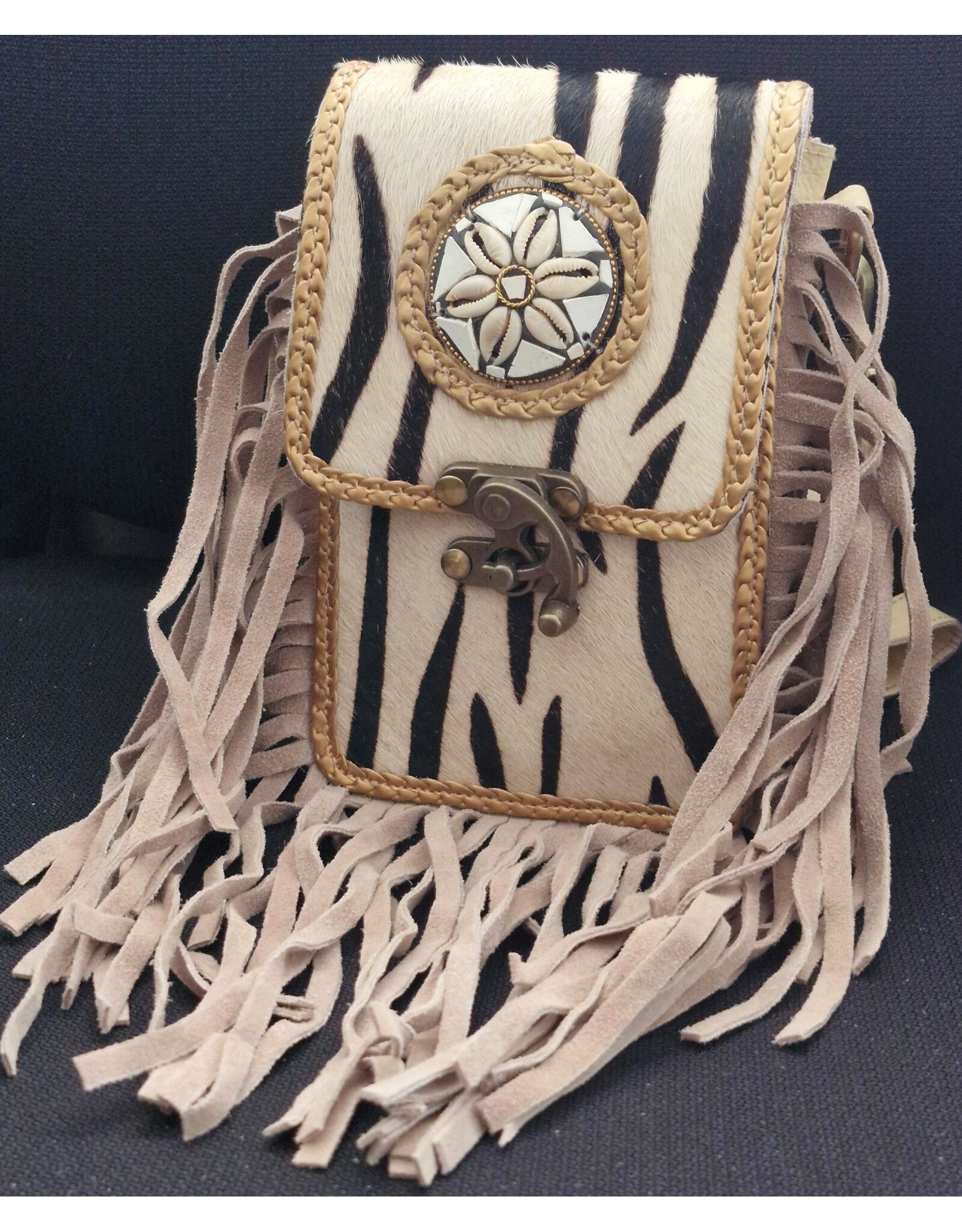 Trukado Leather Festival bags, waist bags and belt bags - Cowhide Phone Pouch with Fringes and a Vintage Hook - Zebr Print