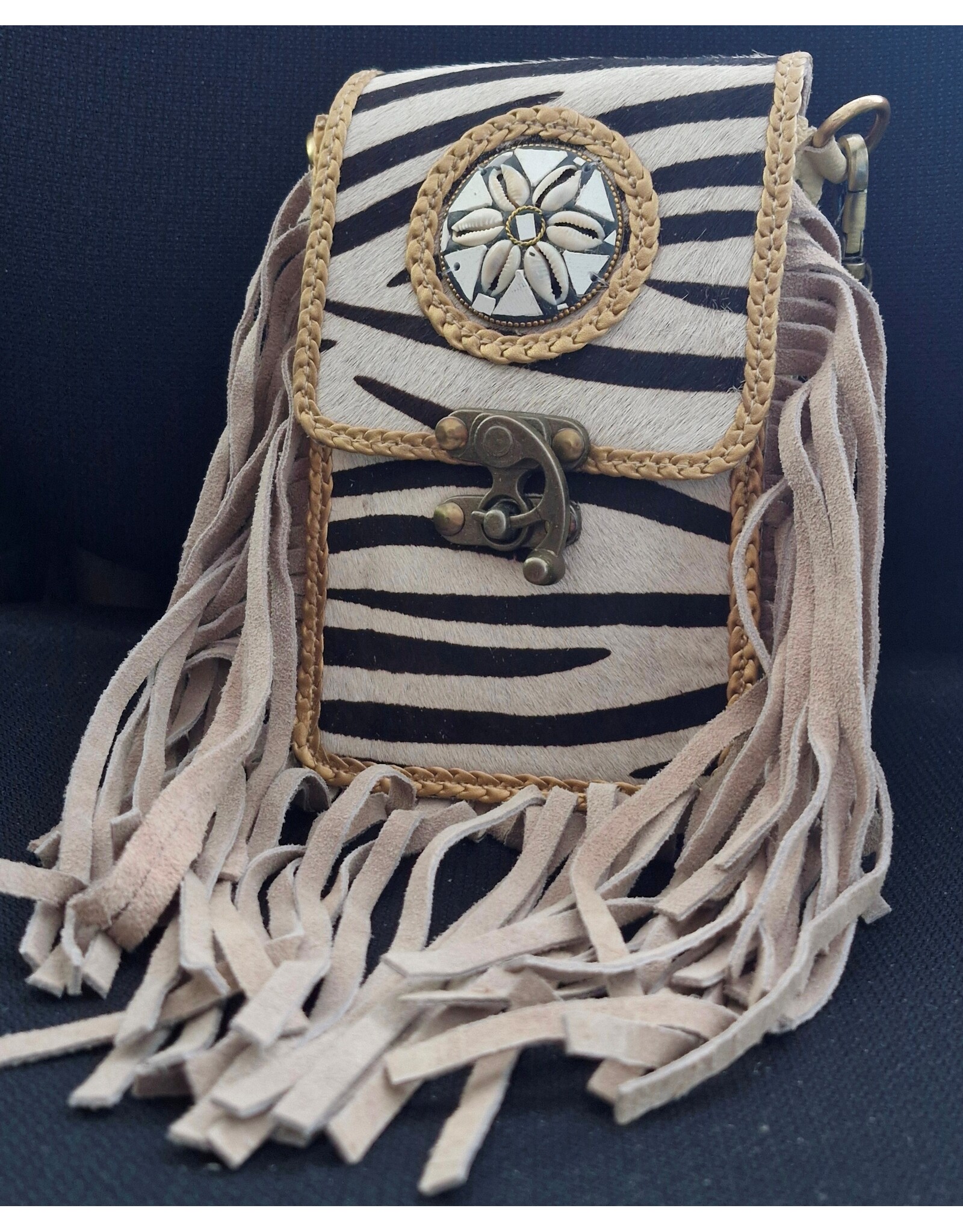 Trukado Leren Festivaltasjes, heuptassen en riemtassen - Koeienhuid Telefoontasje met Franjes en Vintage Haakje Zebraprint