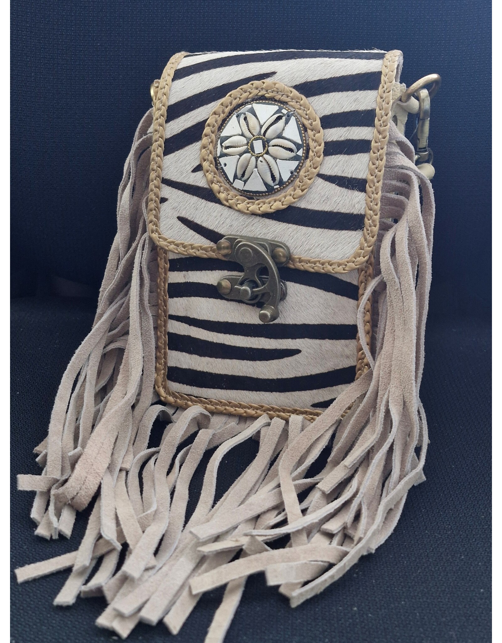 Trukado Leren Festivaltasjes, heuptassen en riemtassen - Koeienhuid Telefoontasje met Franjes en Vintage Haakje Zebraprint