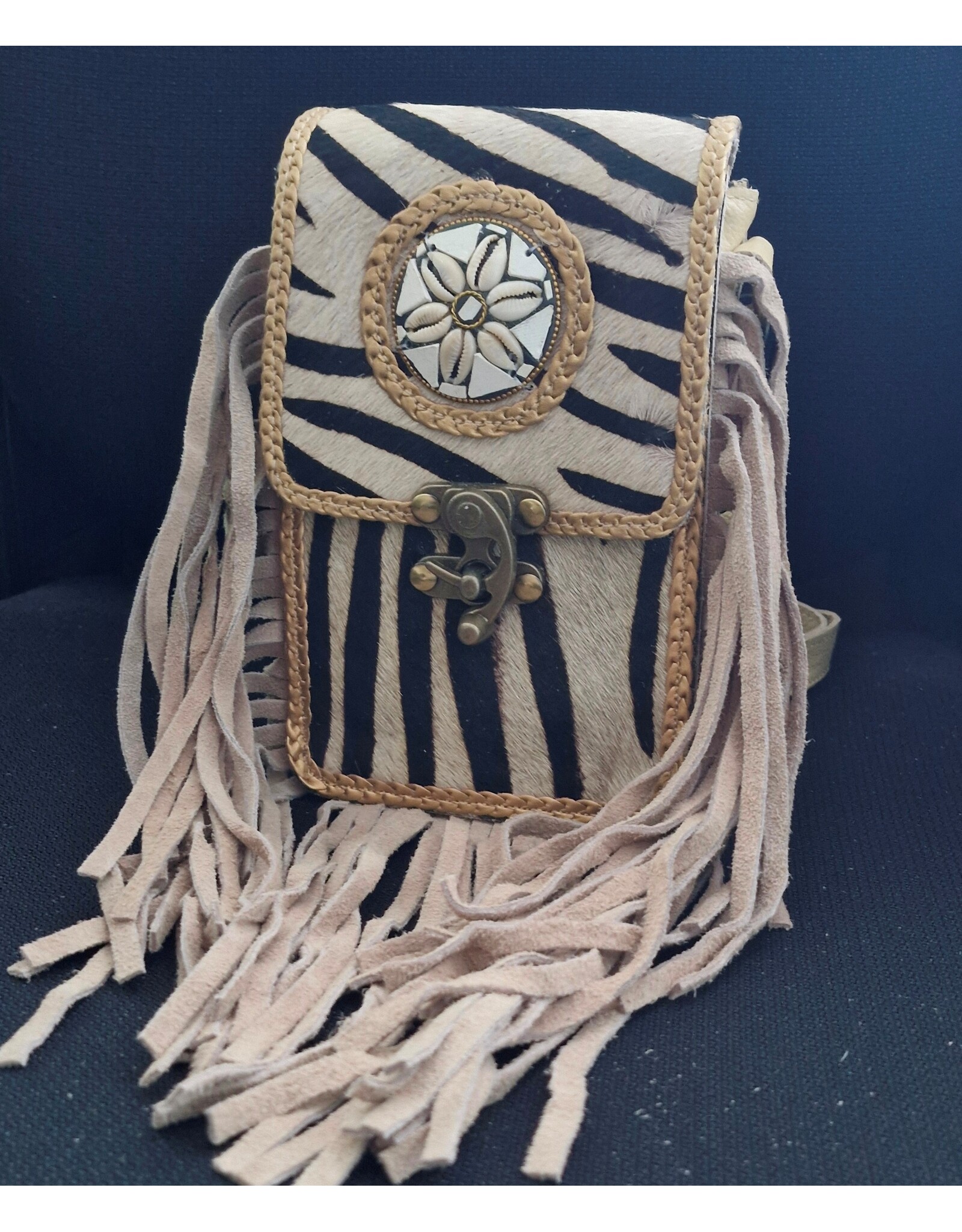 Trukado Leren Festivaltasjes, heuptassen en riemtassen - Koeienhuid Telefoontasje met Franjes en Vintage Haakje Zebraprint