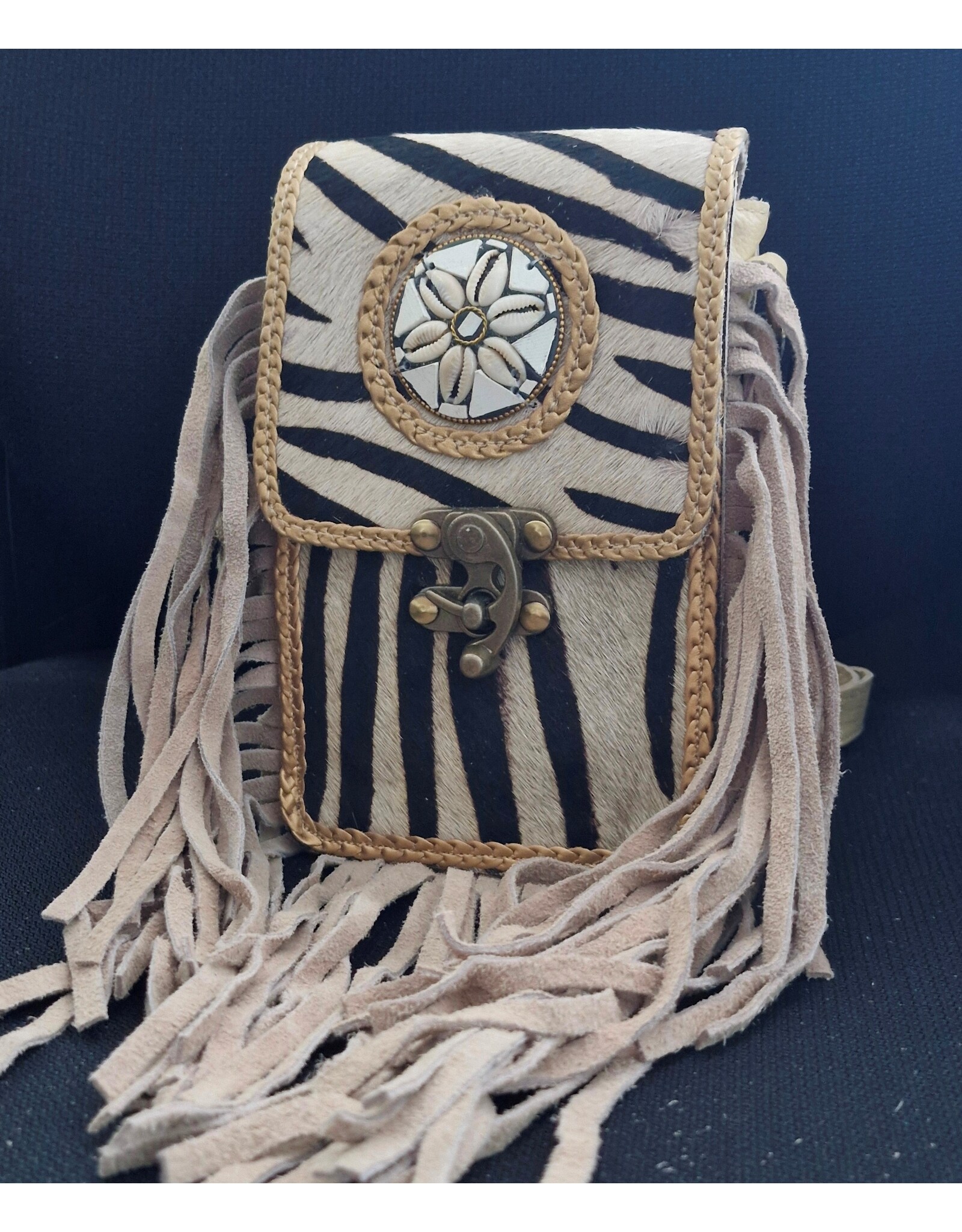 Trukado Leather Festival bags, waist bags and belt bags -  Cowhide phone pouch with fringes and a vintage hook in a zebra print