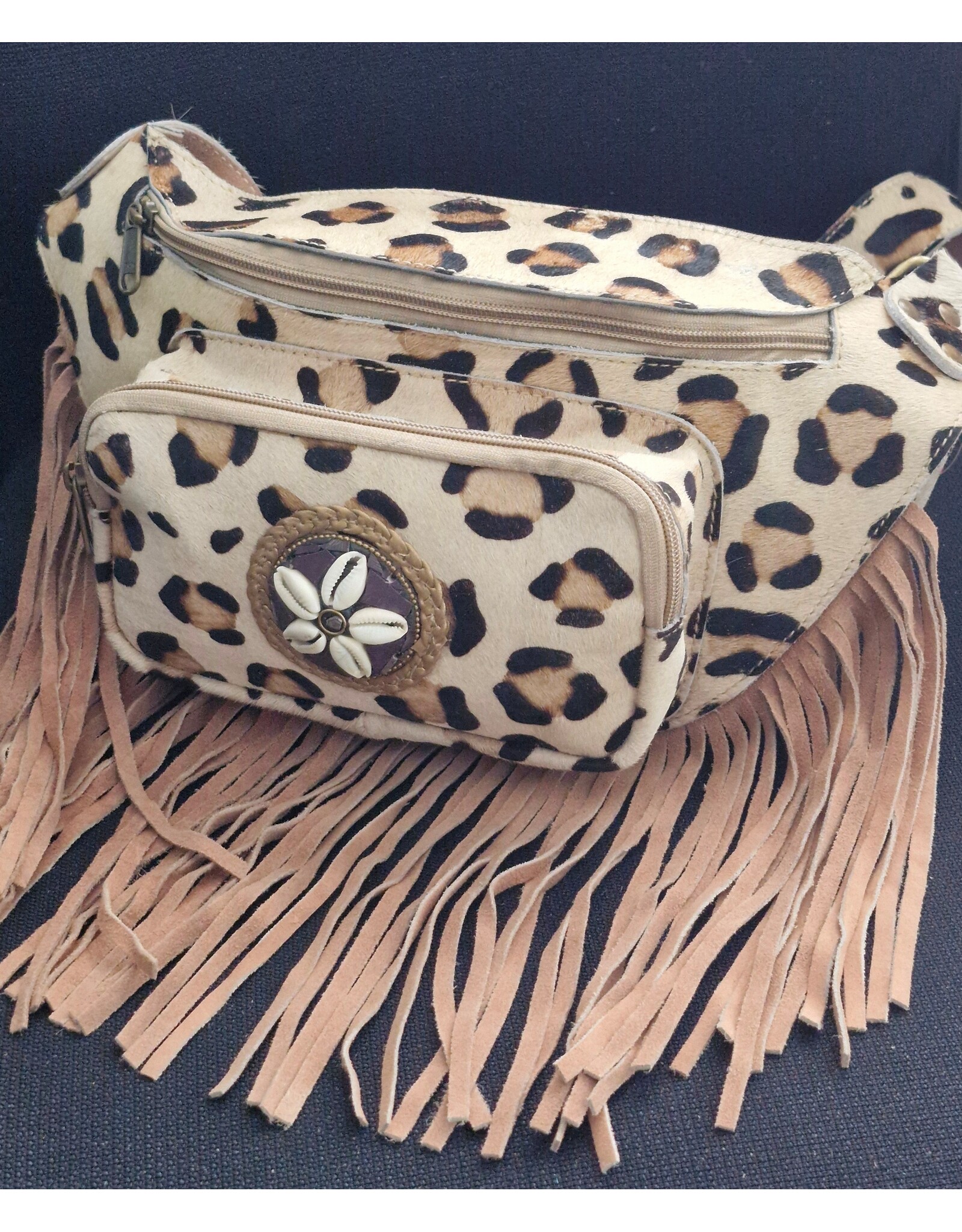 Trukado Leather Festival bags, waist bags and belt bags - Cowhide Waist Bag / Crossbody Bag with Fringes and Leopard Print
