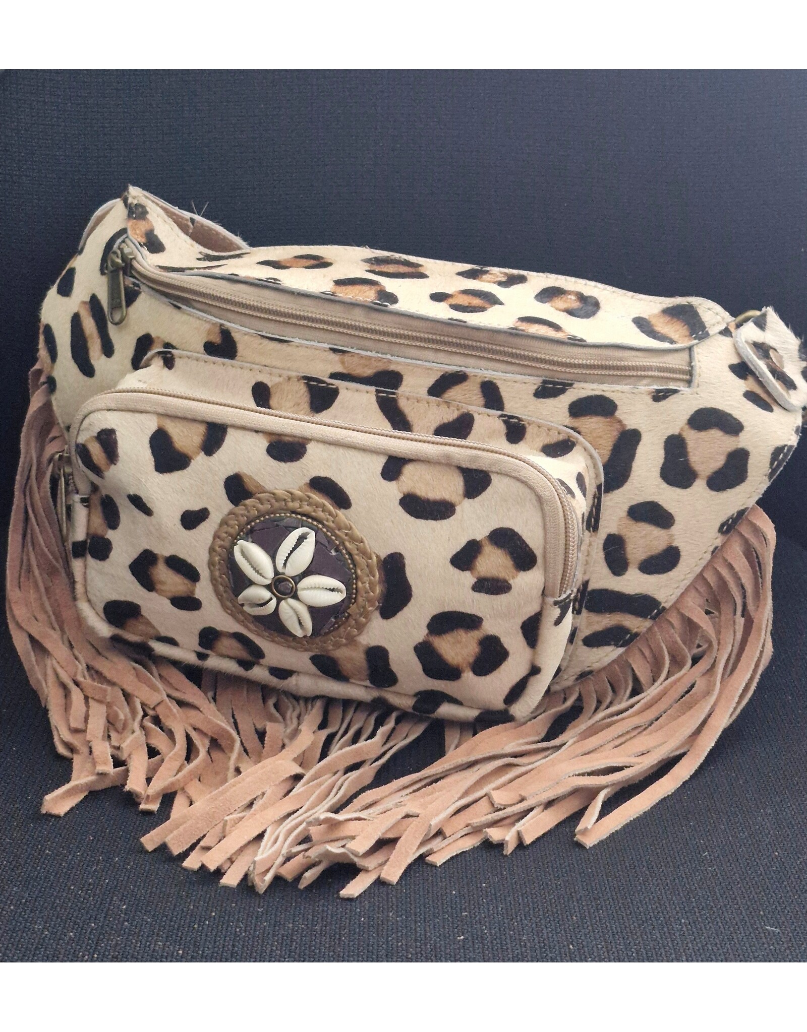 Trukado Leren Festivaltasjes, heuptassen en riemtassen - Koeienhuid Heuptas / Crossbody met Franjes - Luipaard print