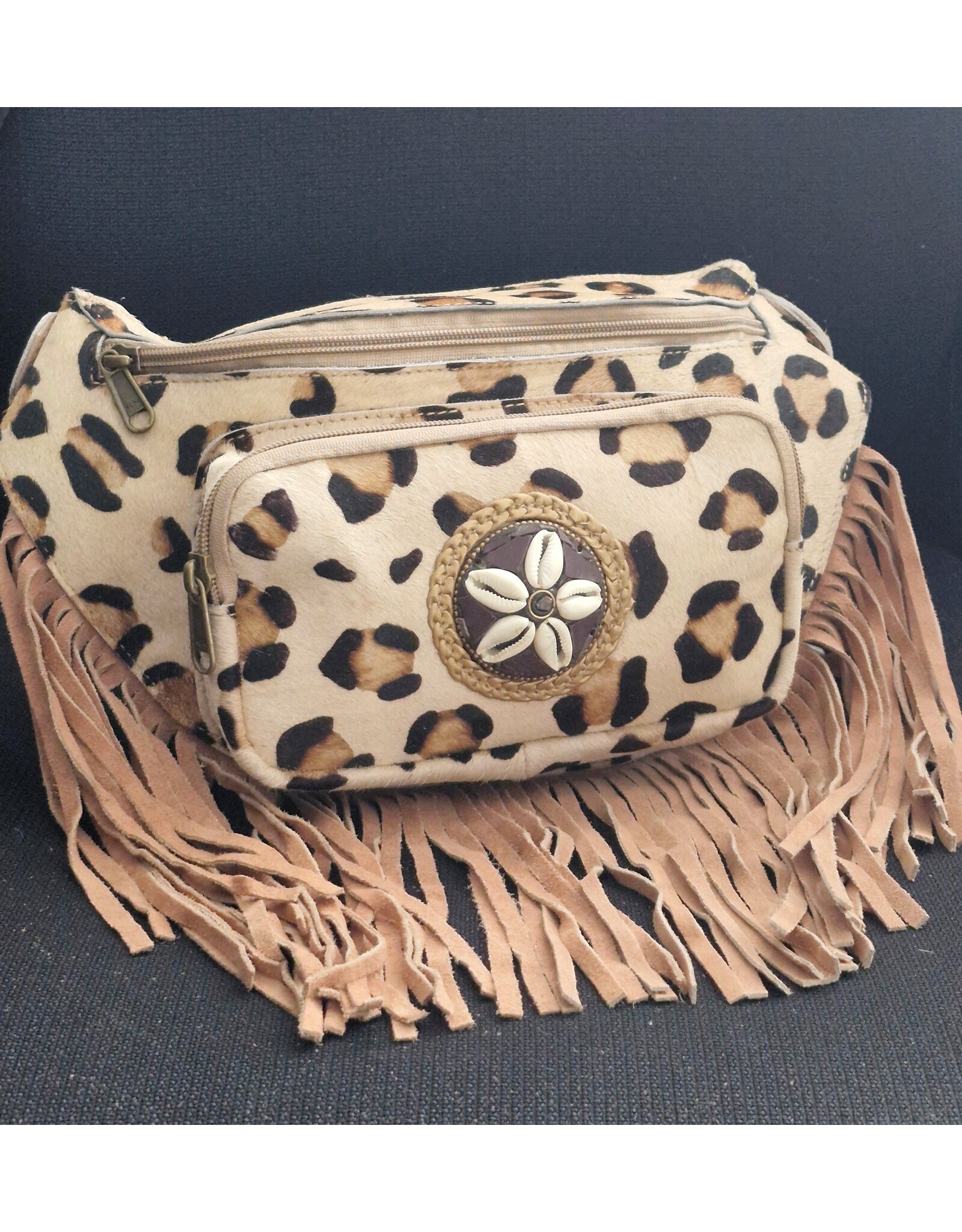 Trukado Leather Festival bags, waist bags and belt bags - Cowhide Waist Bag / Crossbody Bag with Fringes and Leopard Print