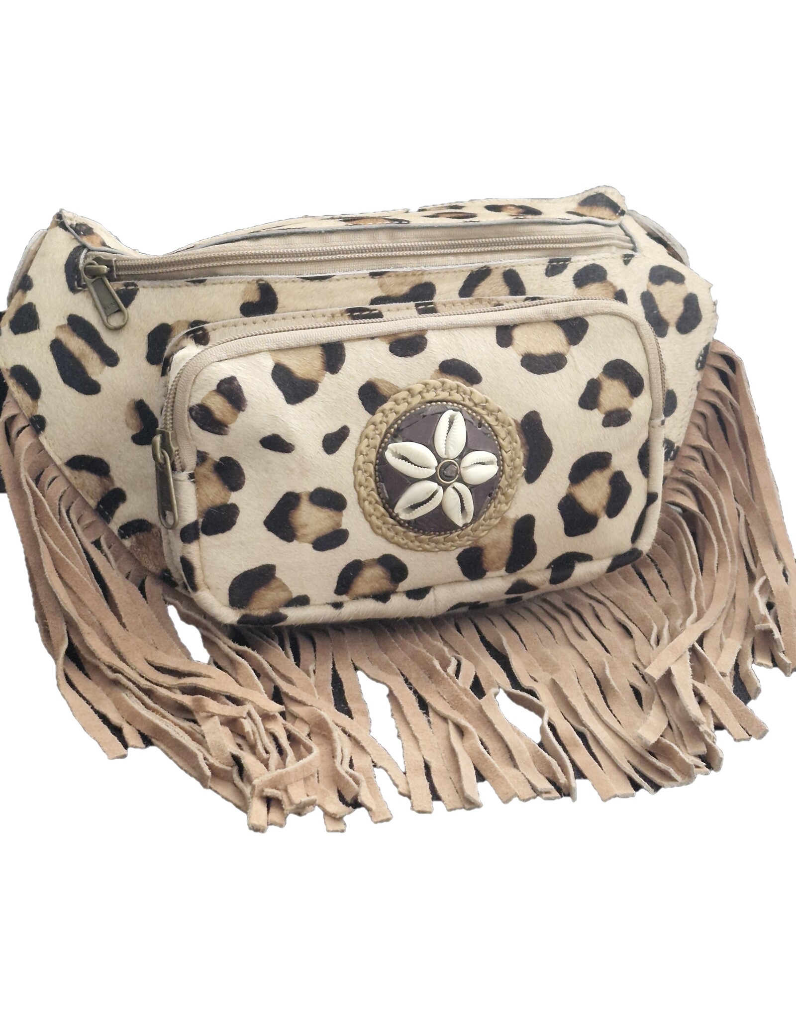 Trukado Leren Festivaltasjes, heuptassen en riemtassen - Koeienhuid Heuptas / Crossbody met Franjes - Luipaard print