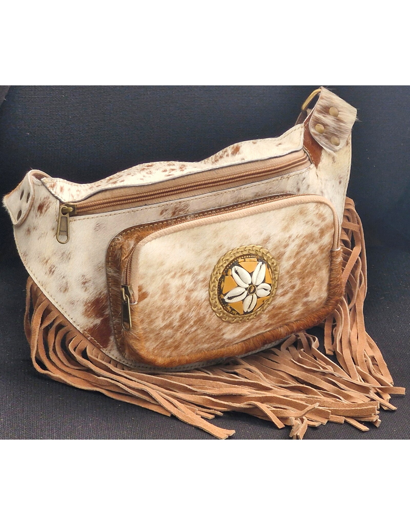 Trukado Leren Festivaltasjes, heuptassen en riemtassen - Koeienhuid Heuptas / Crossbody / Fanny pack met Franjes lichtbruin