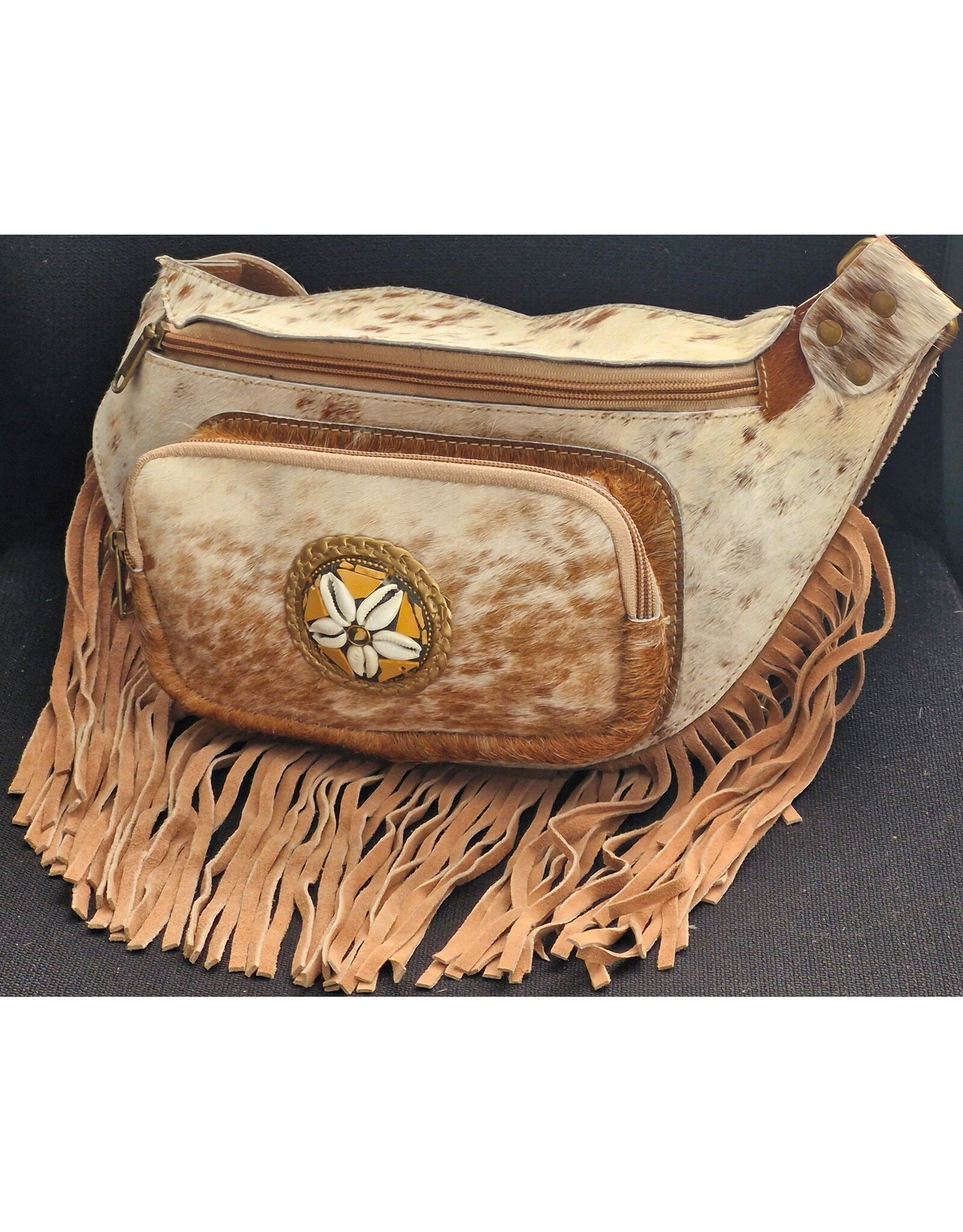 Trukado Leren Festivaltasjes, heuptassen en riemtassen - Koeienhuid Heuptas / Crossbody / Fanny pack met Franjes lichtbruin
