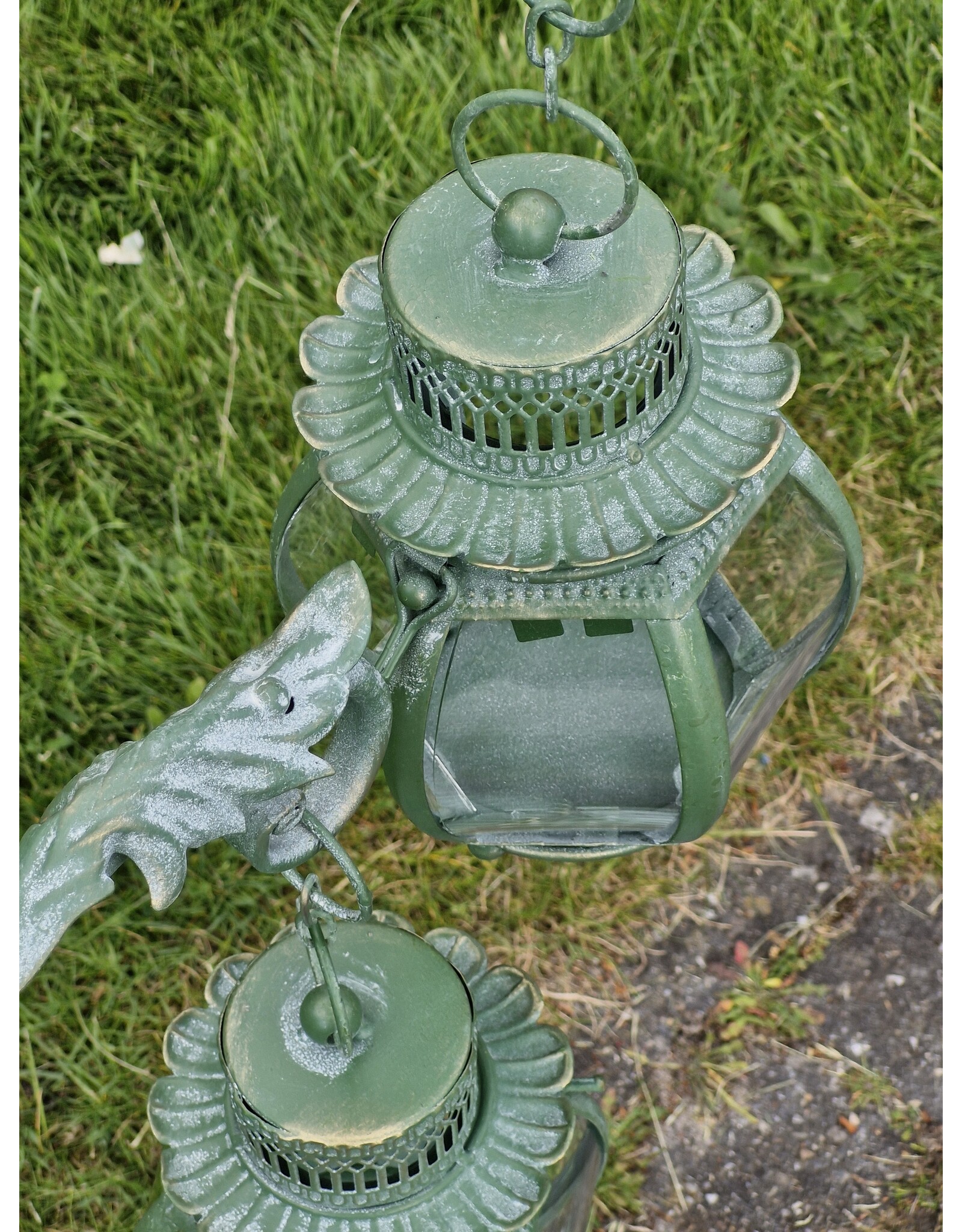 JB Miscellaneous - Brocante lantaarn op voet met 3 bolletjes groen