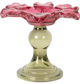 Clayre & Eef Tealight Holder Flower Ø 14x11 cm Pink Glass