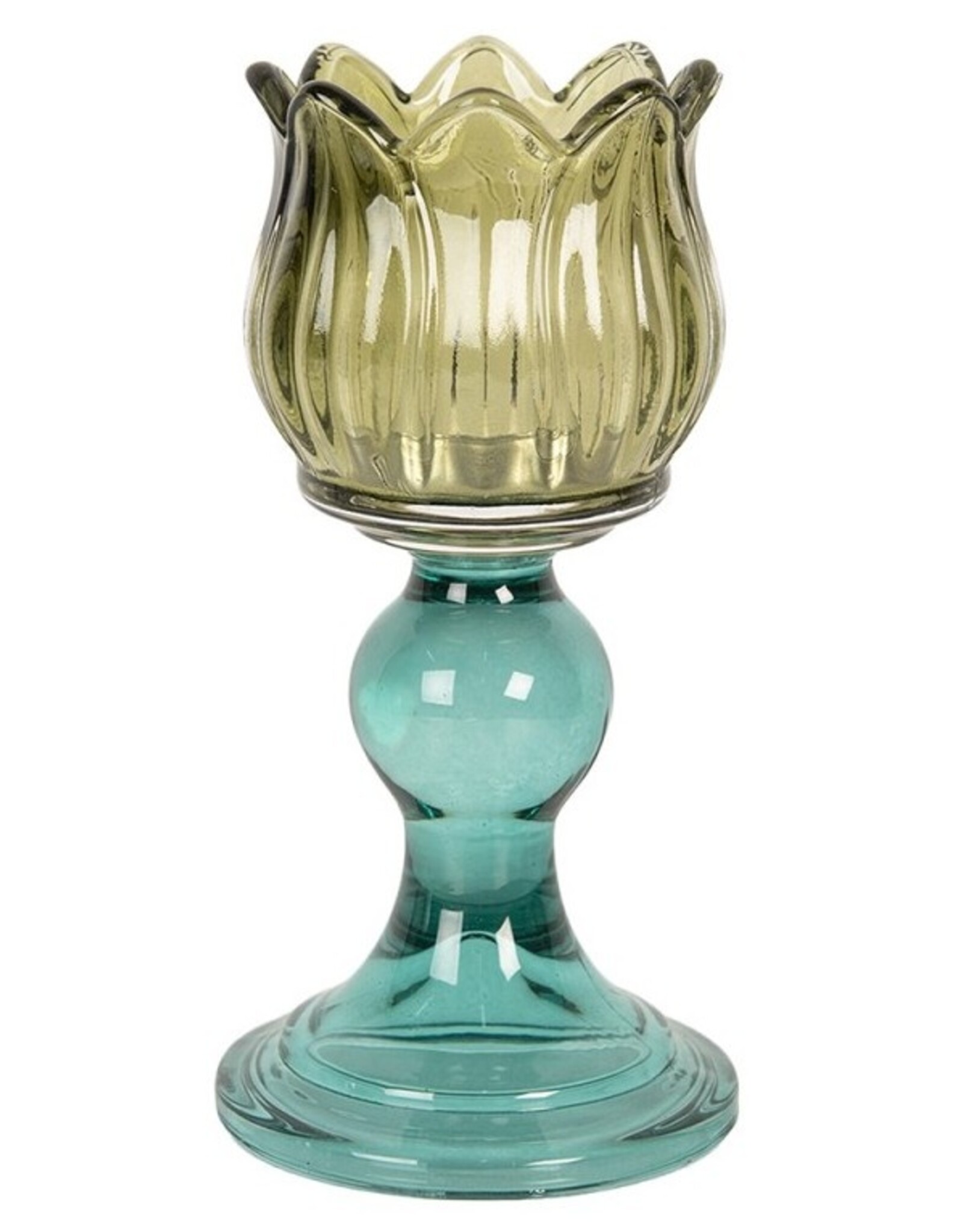 Clayre & Eef Giftware & Lifestyle - Tealight Holder Flower Ø 16x8 cm Green Glass