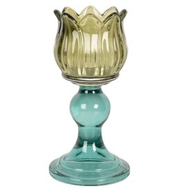 Clayre & Eef Tealight Holder Flower Ø 16x8 cm Green Glass