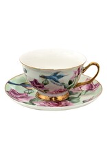 C&E Giftware & Lifestyle - Kop & Schotel met Vogeltjes en Rozen - Romantisch groen-roze porselein