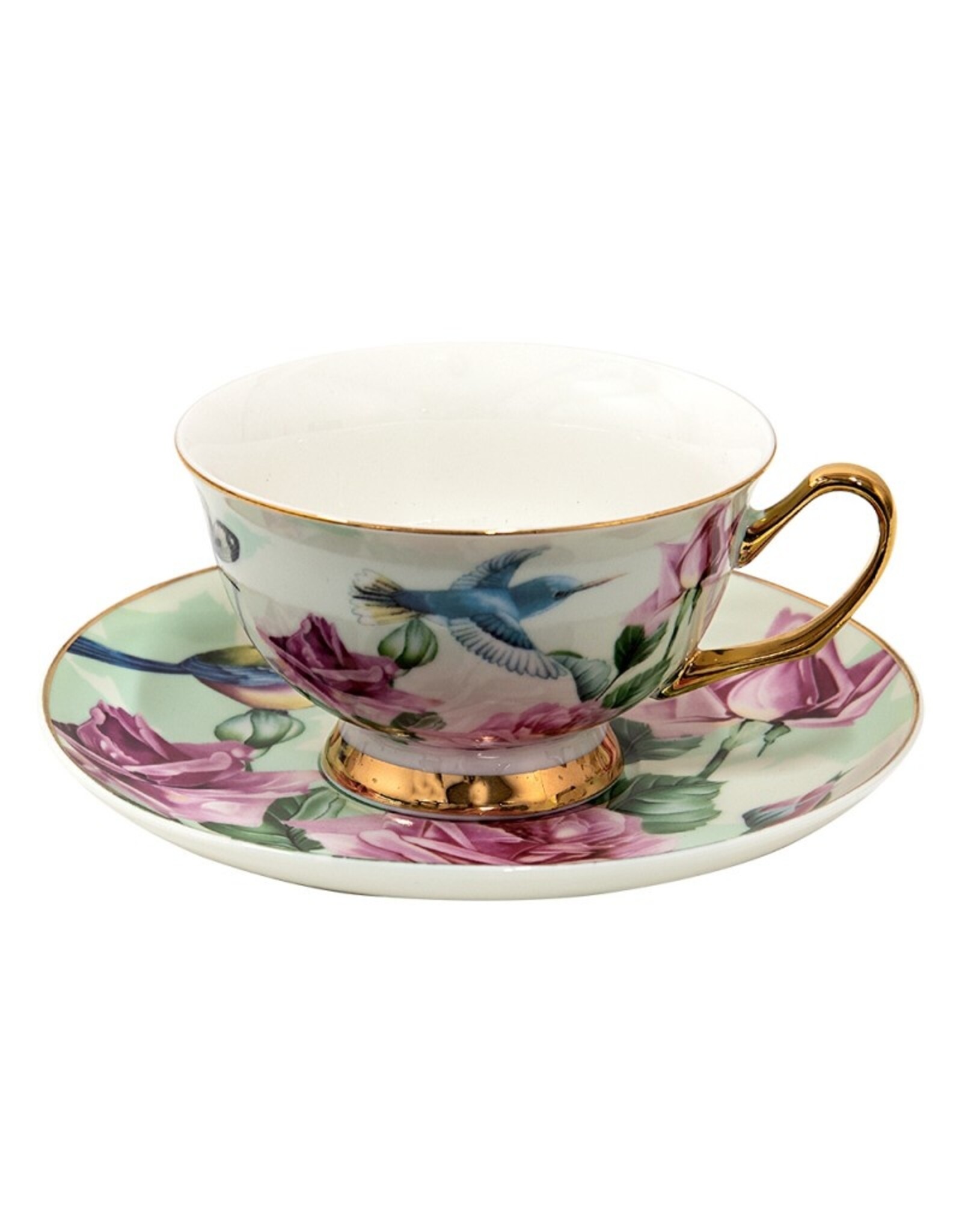 C&E Giftware & Lifestyle - Kop & Schotel met Vogeltjes en Rozen - Romantisch groen-roze porselein