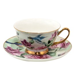 C&E Cup & Saucer with Birds and Roses - Romantic green-pink porcelain