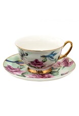 C&E Giftware & Lifestyle - Kop & Schotel met Vogeltjes en Rozen - Romantisch groen-roze porselein