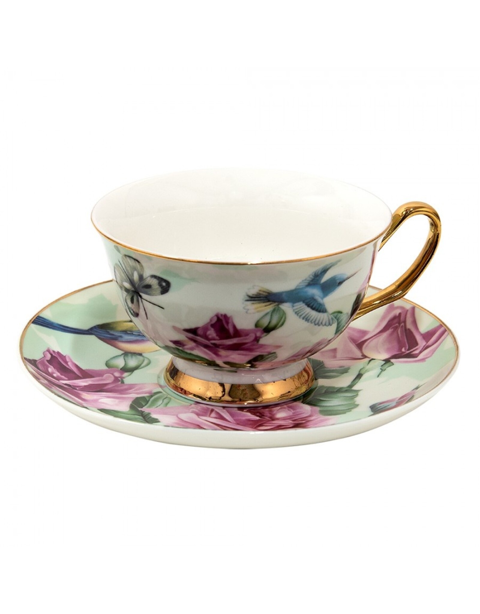 C&E Giftware & Lifestyle - Kop & Schotel met Vogeltjes en Rozen - Romantisch groen-roze porselein