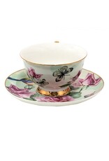 C&E Giftware & Lifestyle - Kop & Schotel met Vogeltjes en Rozen - Romantisch groen-roze porselein