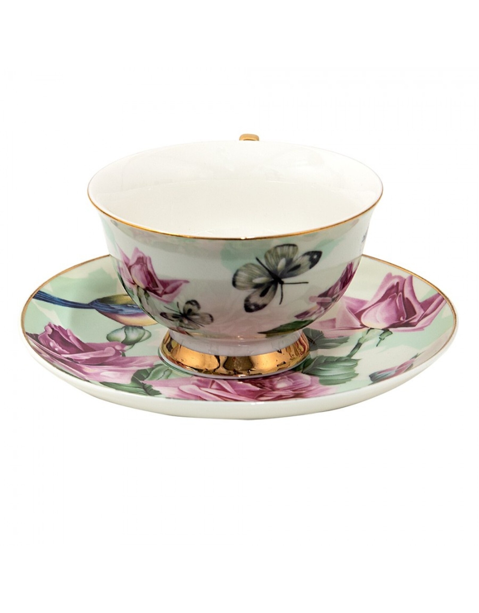 C&E Giftware & Lifestyle - Kop & Schotel met Vogeltjes en Rozen - Romantisch groen-roze porselein