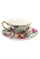 C&E Giftware & Lifestyle - Kop & Schotel met Vogeltjes en Rozen - Romantisch groen-roze porselein