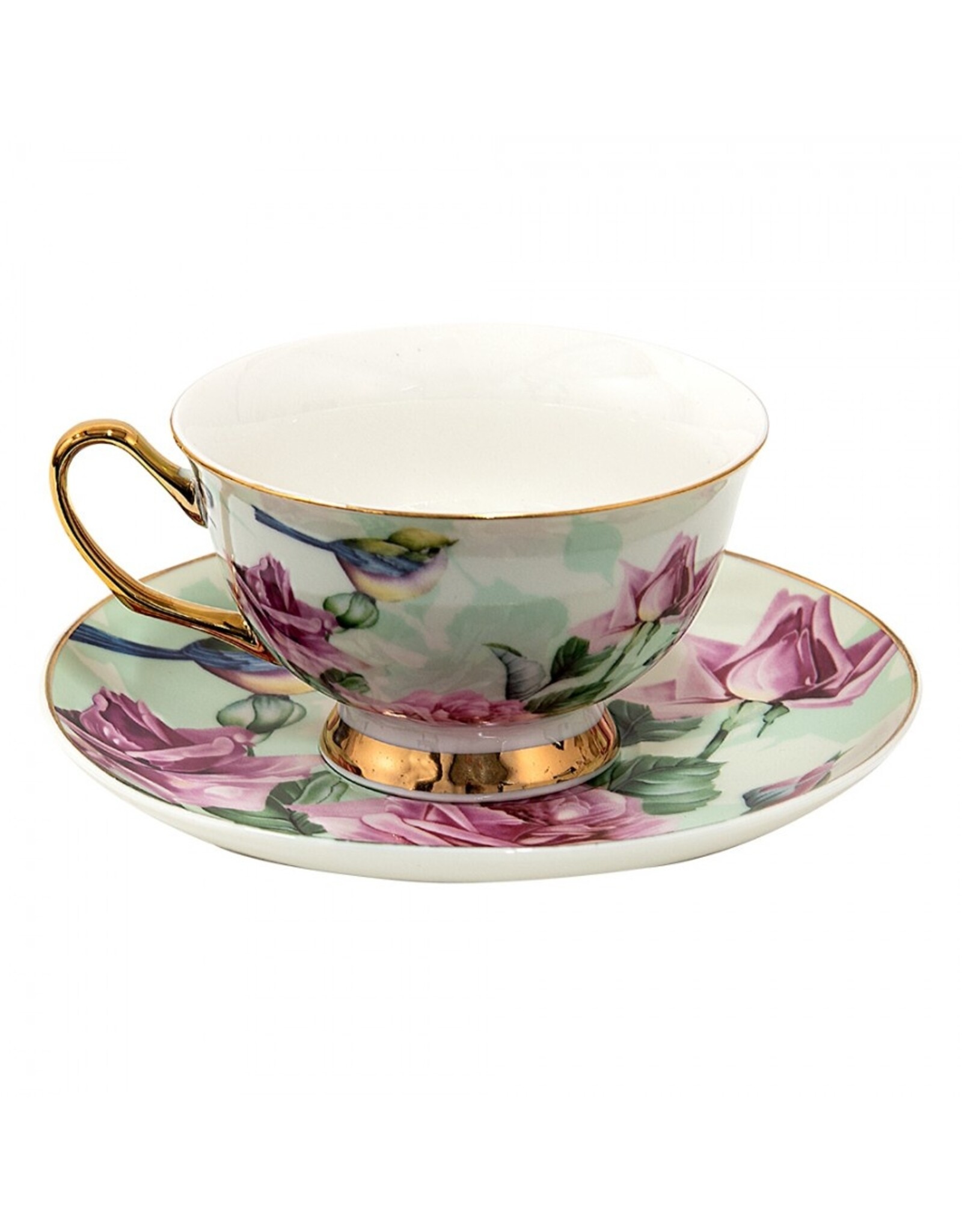 C&E Giftware & Lifestyle - Kop & Schotel met Vogeltjes en Rozen - Romantisch groen-roze porselein