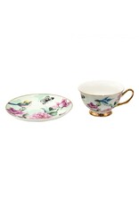 C&E Giftware & Lifestyle - Kop & Schotel met Vogeltjes en Rozen - Romantisch groen-roze porselein