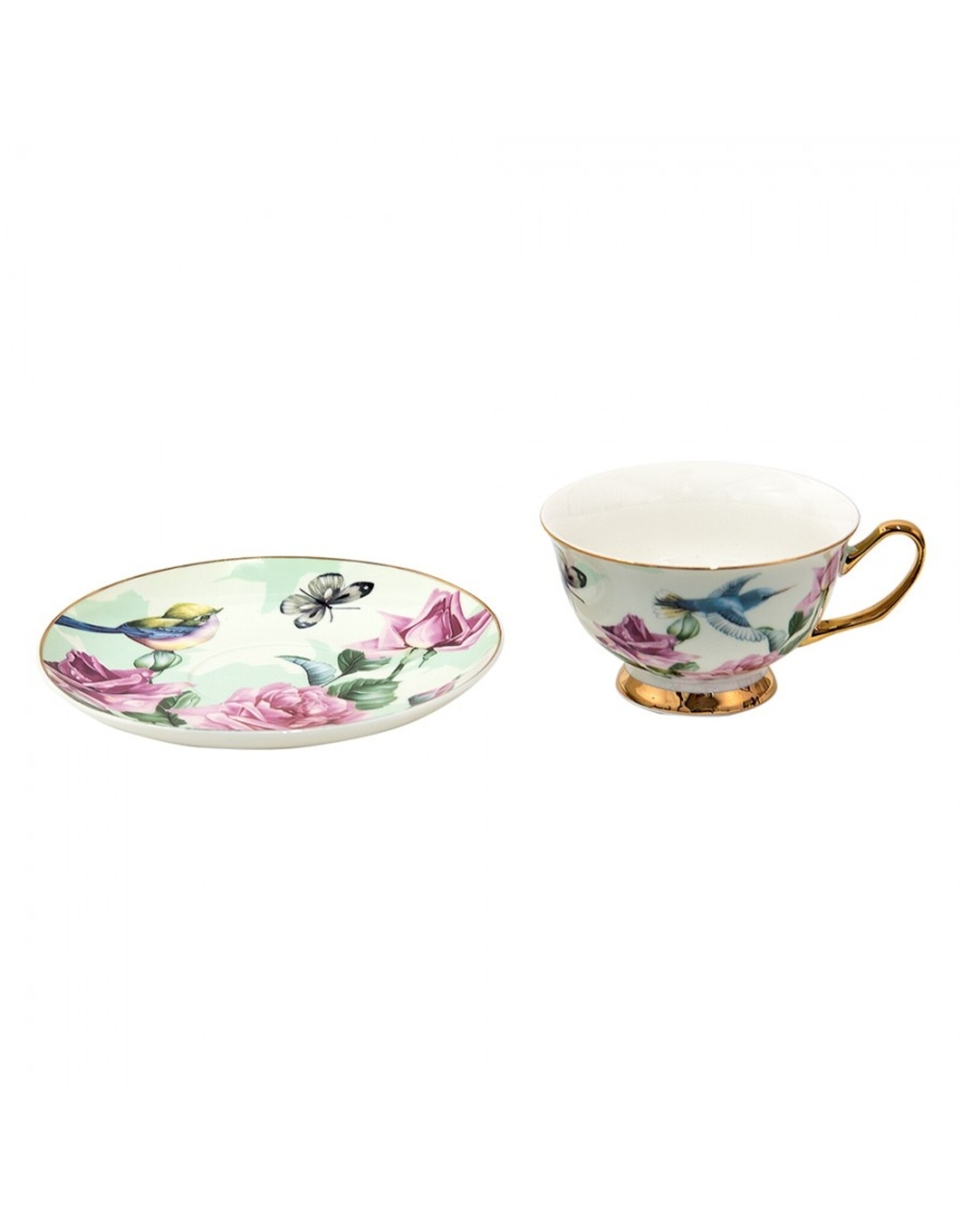 C&E Giftware & Lifestyle - Kop & Schotel met Vogeltjes en Rozen - Romantisch groen-roze porselein