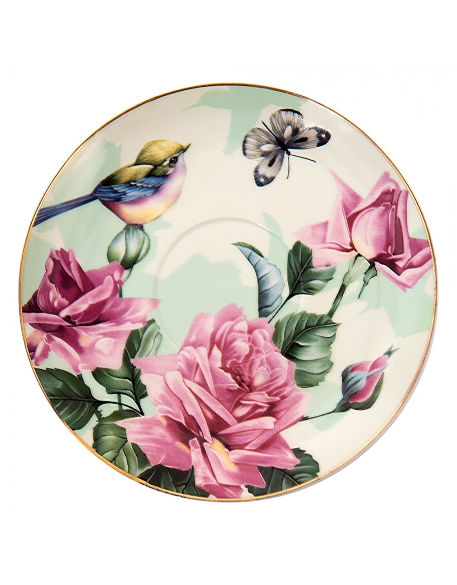 C&E Giftware & Lifestyle - Kop & Schotel met Vogeltjes en Rozen - Romantisch groen-roze porselein