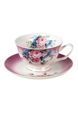 C&E Giftware & Lifestyle - Kop & Schotel met Romantische Bloemen - paarswit porselein