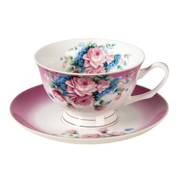 C&E Kop & Schotel met Romantische Bloemen - paarswit porselein