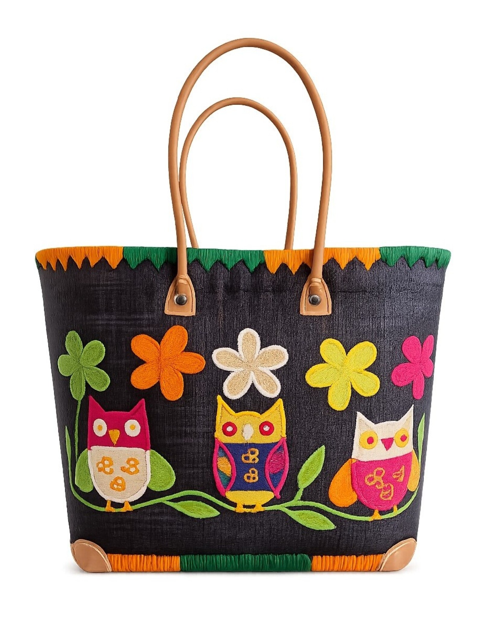 Trukado Fashion bags - Wicker Basket – Beach Bag with Owls & Flowers XL