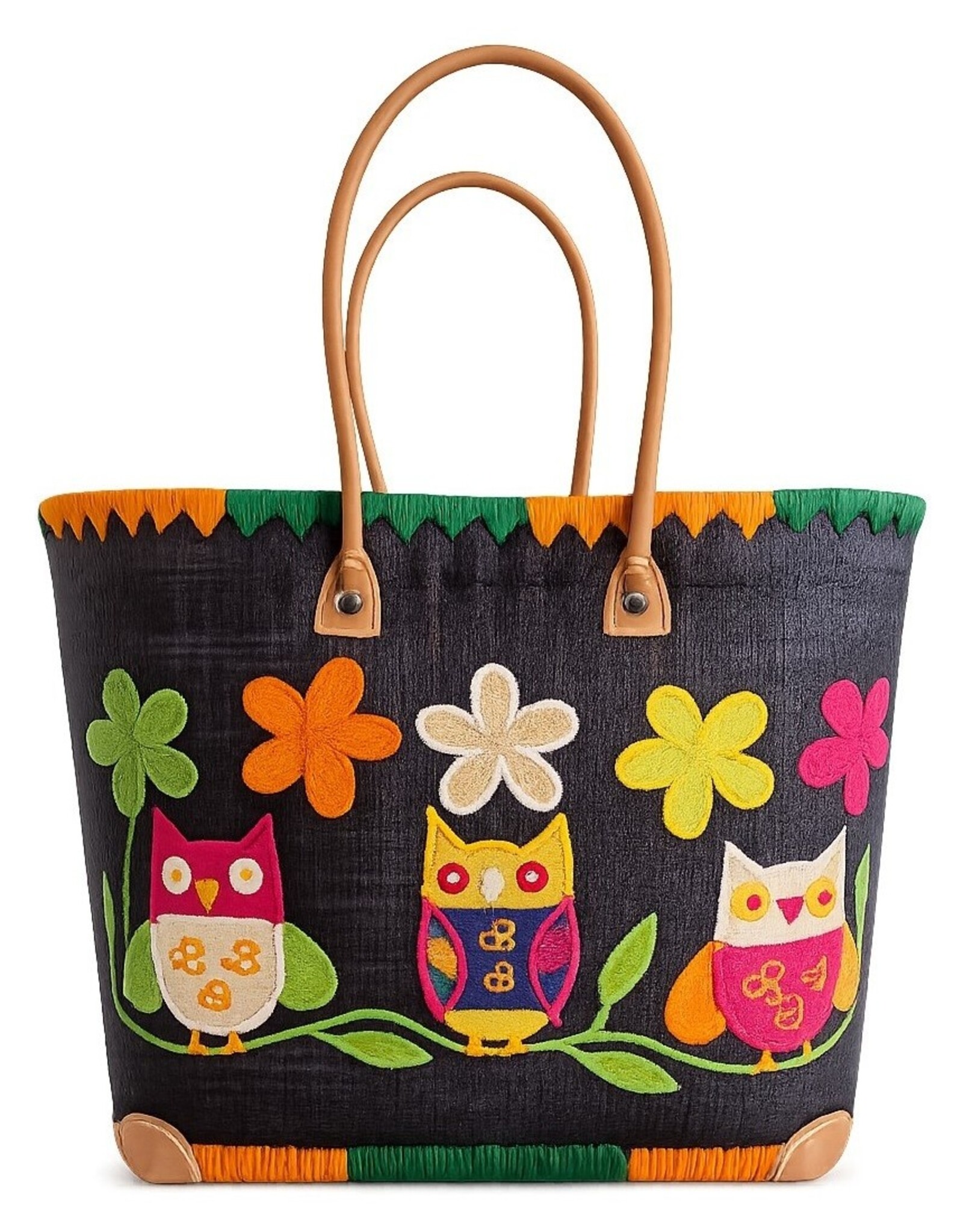 Trukado Fashion bags - Wicker Basket – Beach Bag with Owls & Flowers XL