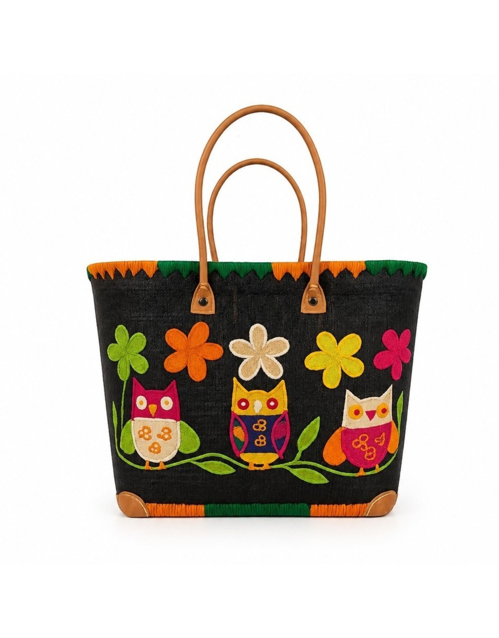 Trukado Fashion bags - Wicker Basket – Beach Bag with Owls & Flowers L
