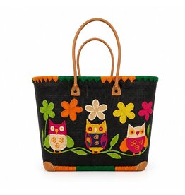 Trukado Rieten Mand - Strand Tas met Uiltjes & Bloemen L