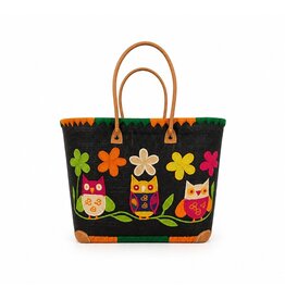 Trukado Wicker Basket – Beach Bag with Owls & Flowers M