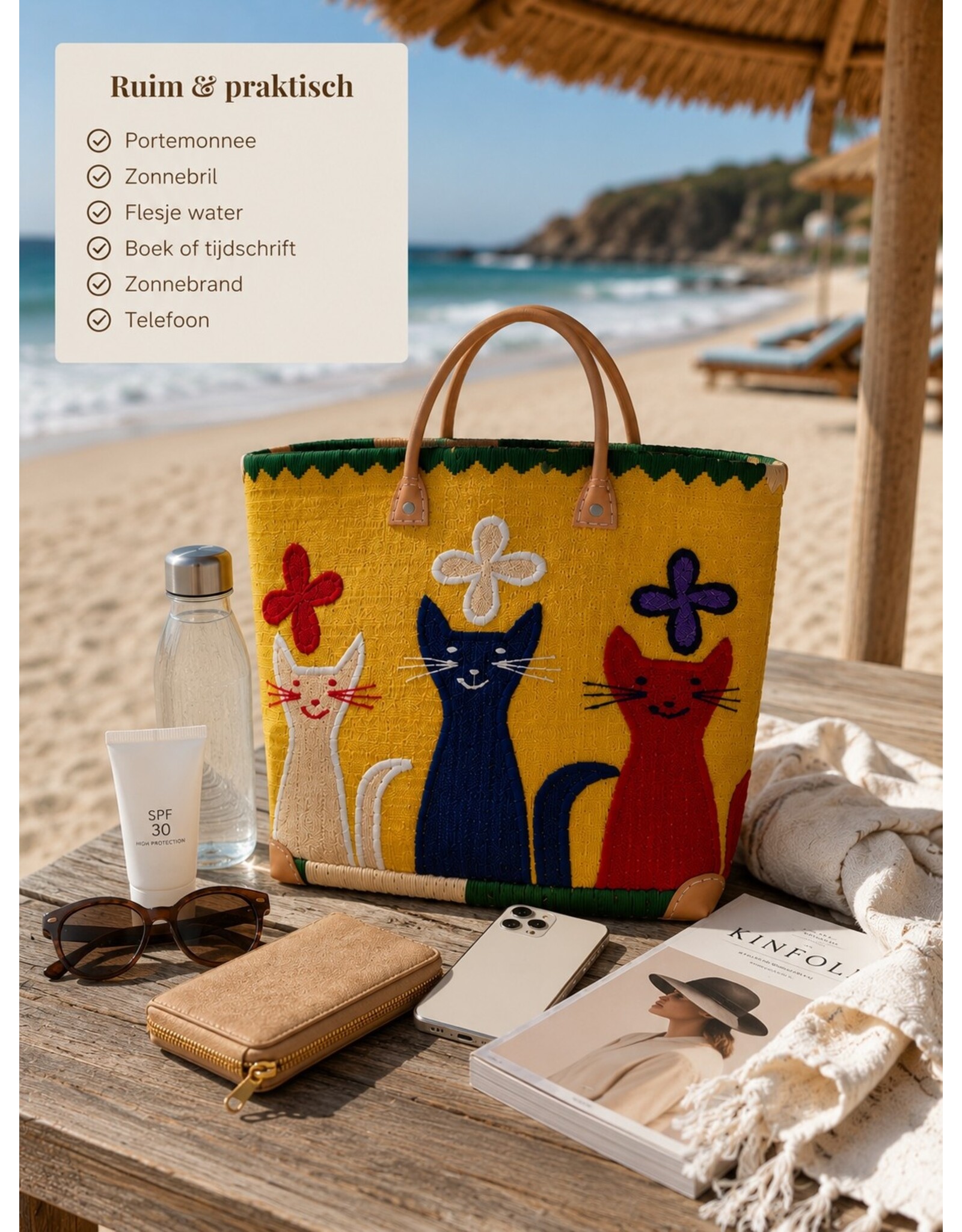 Trukado Fashion bags - Wicker Basket – Beach Bag with Cats M