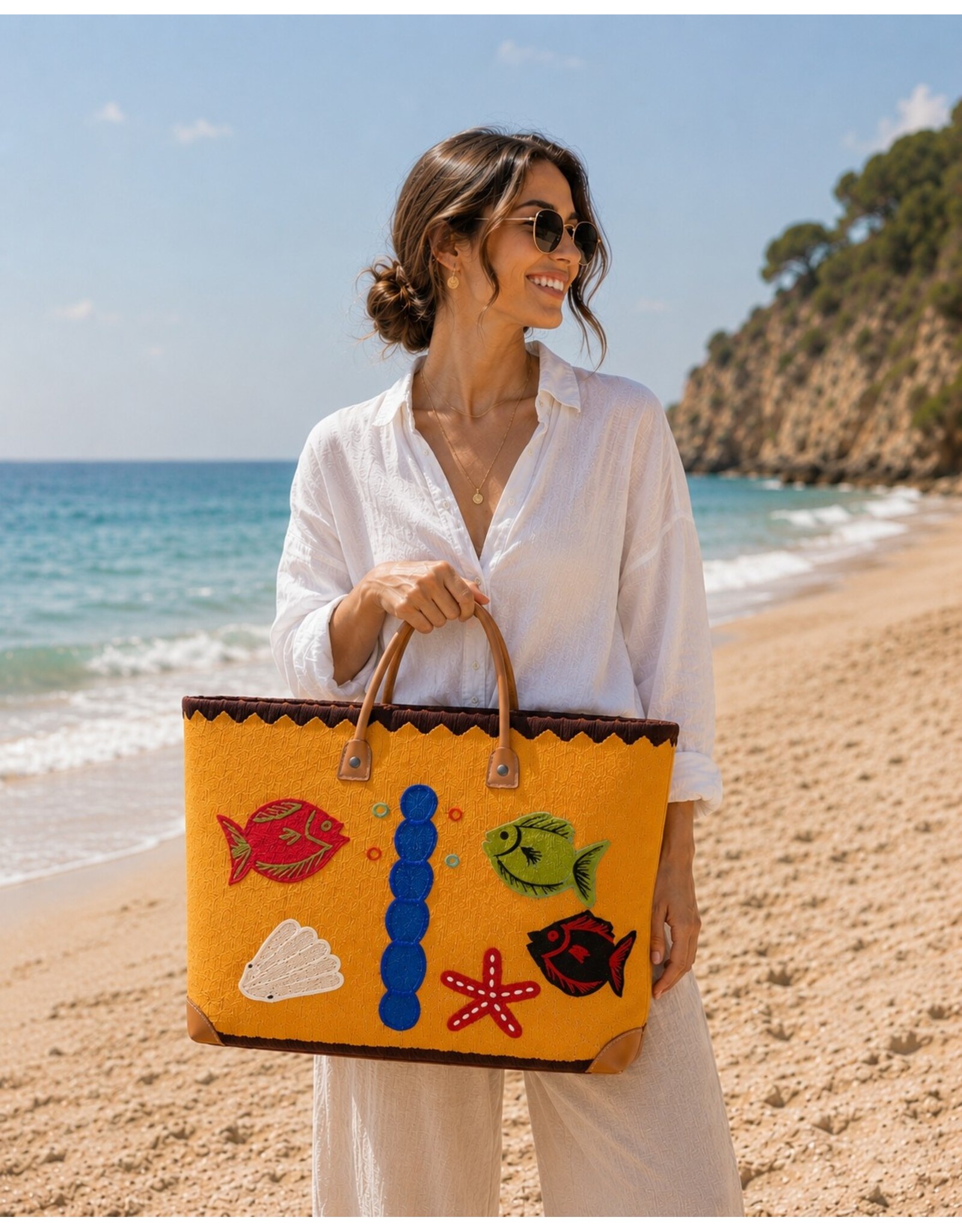 Trukado Fashion bags - Wicker Basket – Beach Bag with Fishes XL