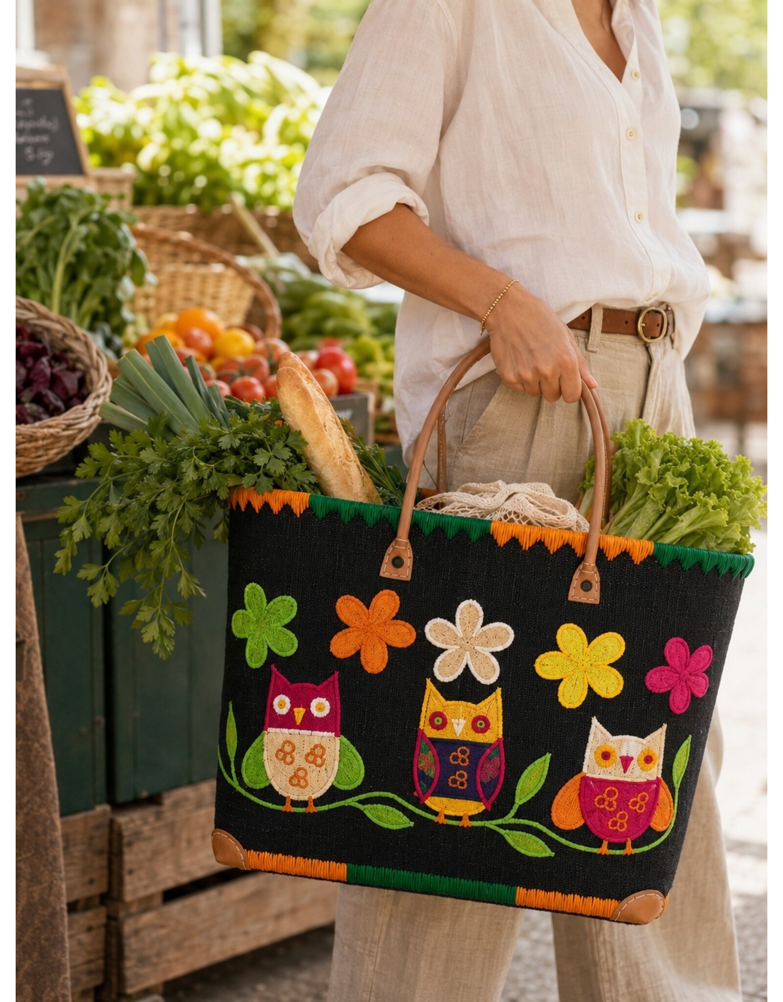 Trukado Fashion bags - Wicker Basket – Beach Bag with Owls & Flowers XL