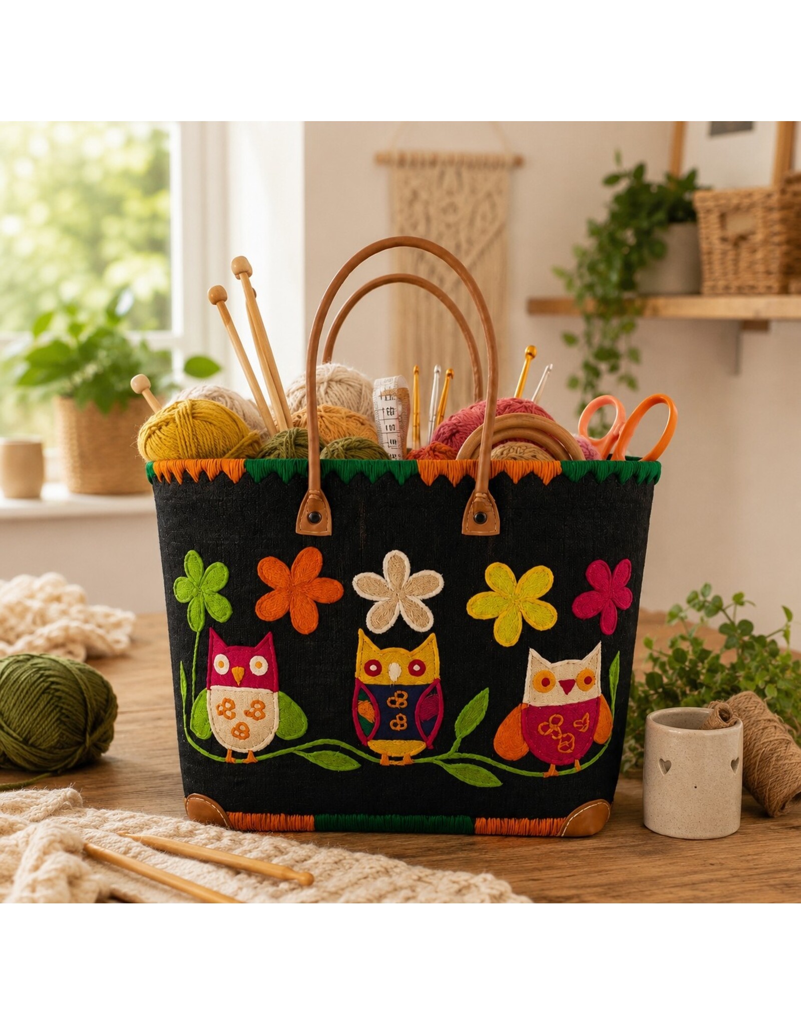 Trukado Fashion bags - Wicker Basket – Beach Bag with Owls & Flowers L