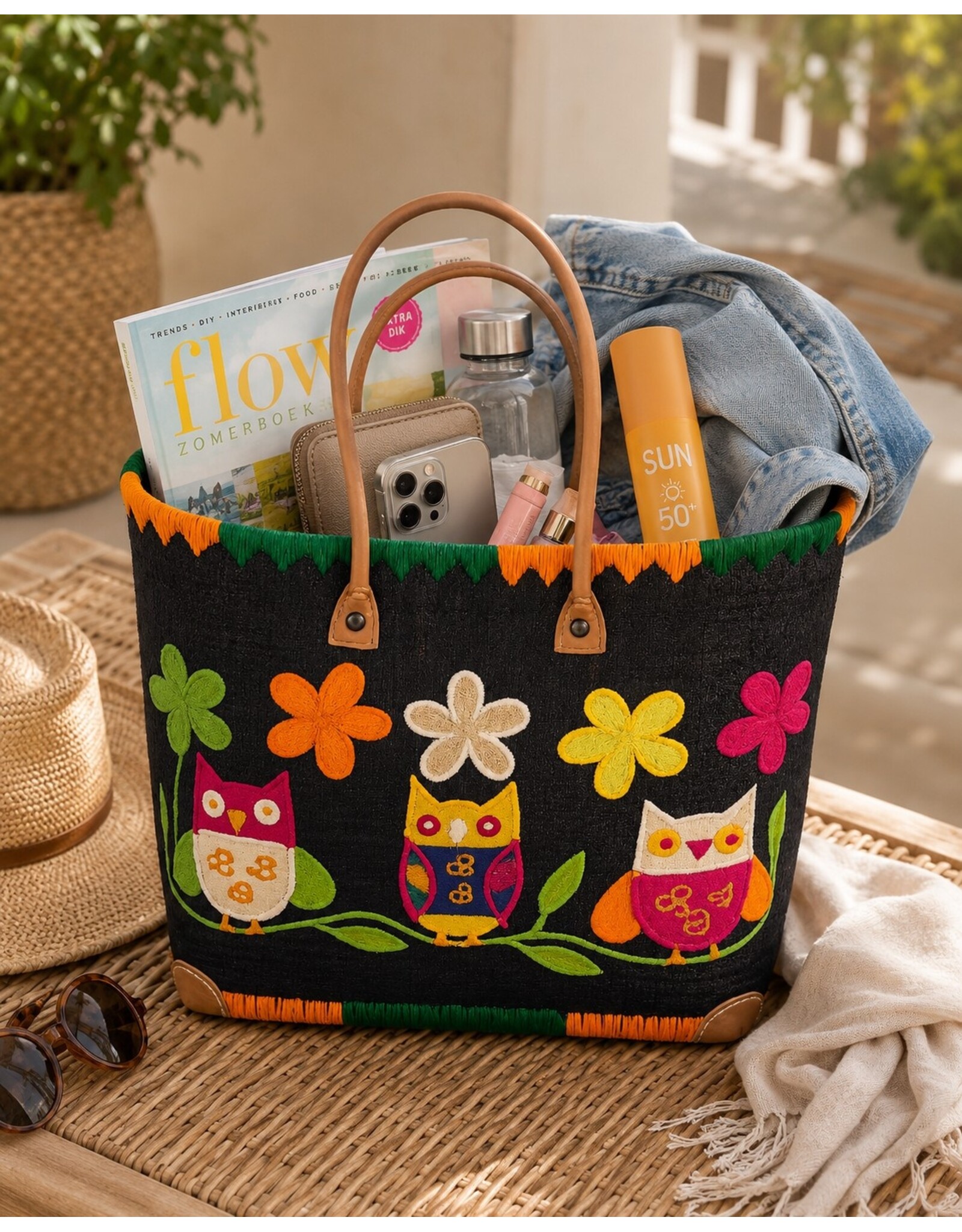 Trukado Modieus - Rieten Mand - Strand Tas met Uiltjes & Bloemen M