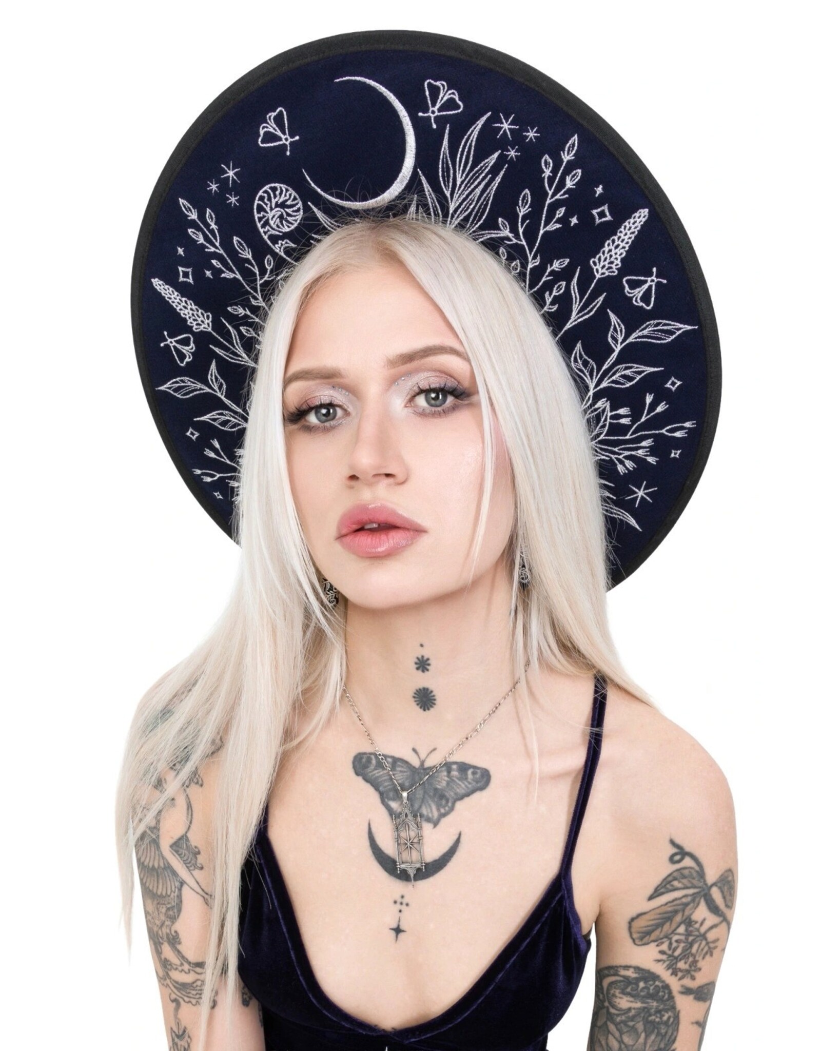 Restyle Gothic and Steampunk accessories - Stellar Glow Hat with Silver Moth & Celestial Embroidery